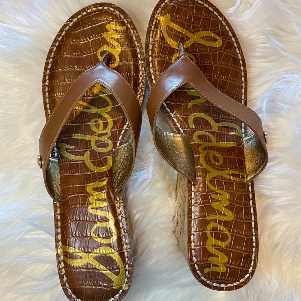 Sam Edelman Cognac Brown Romy Cork Wedge Thong Sandals Size 9 - Picture 4 of 8